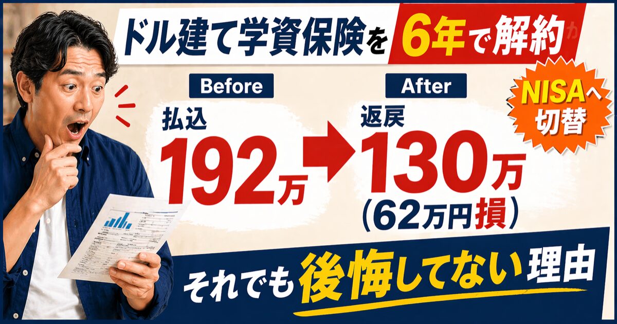 ドル建て学資保険を6年で解約・払込192万円→返戻130万円（62万円損失）・つみたてNISAへ切替