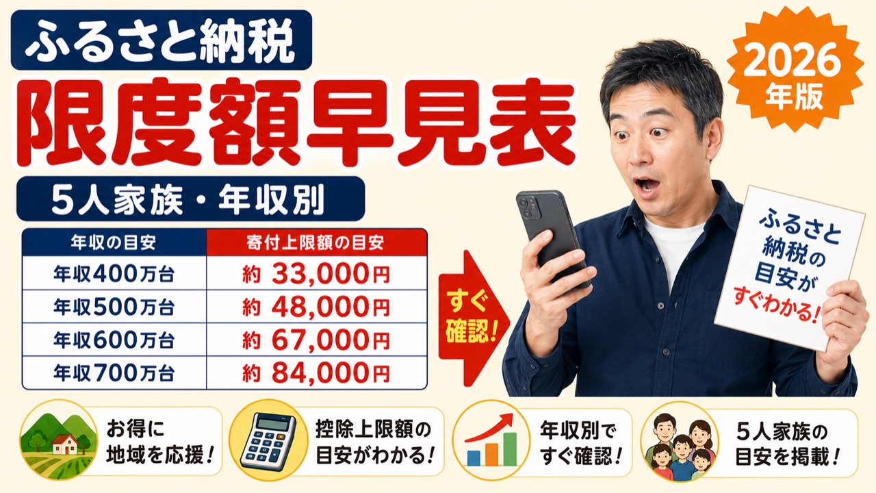 ふるさと納税限度額早見表2026。5人家族の年収別目安、年収400万台は約33,000円から700万台は約84,000円