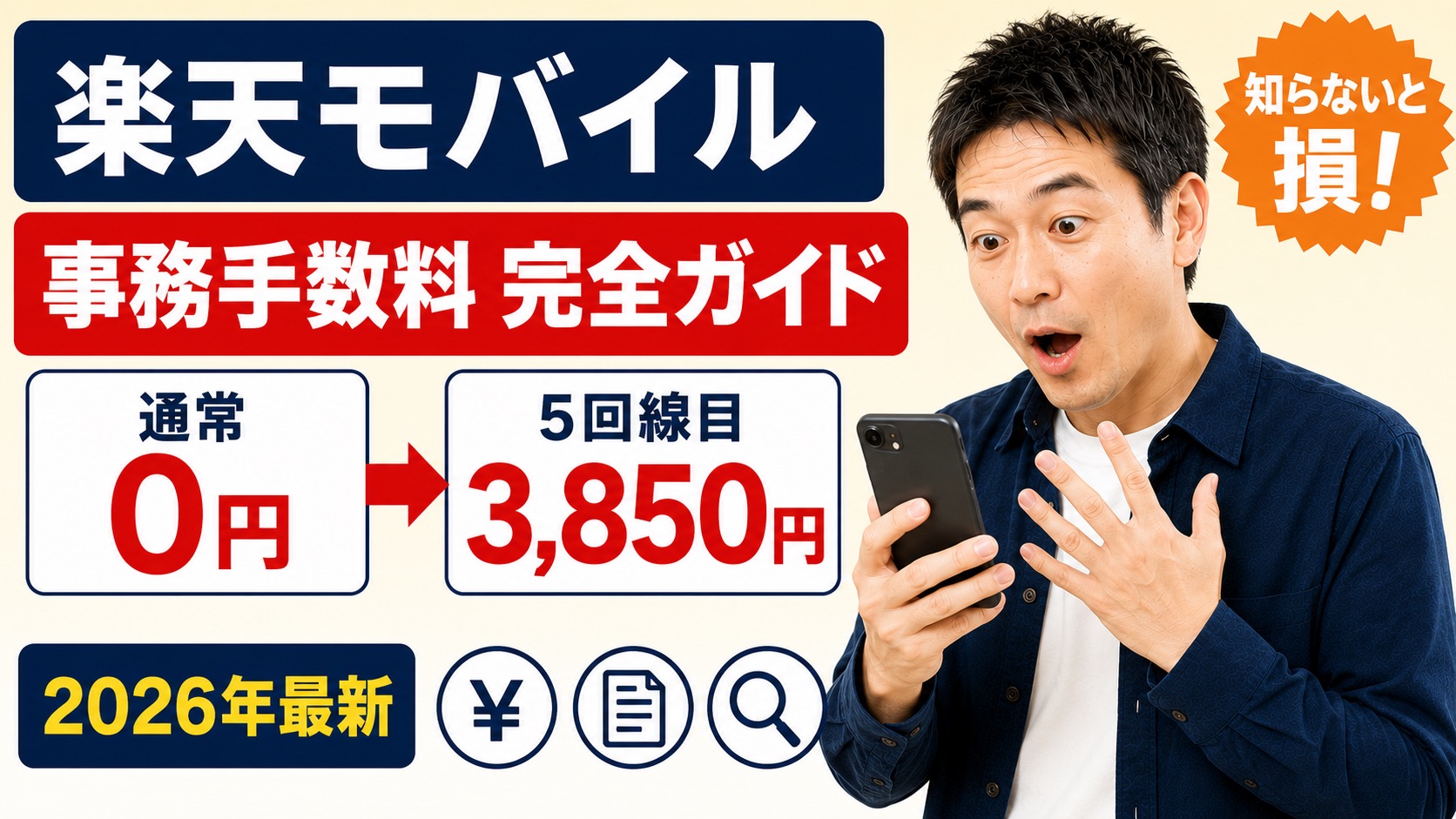 楽天モバイル事務手数料完全ガイド2026のアイキャッチ（通常0円・5回線目3,850円）