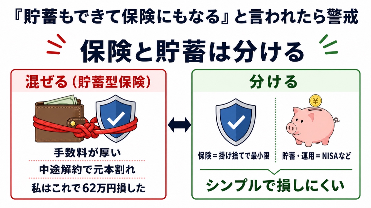 保険と貯蓄は分けるという図解。貯蓄型保険は手数料が厚く中途解約で元本割れ、分ければ掛け捨て保険とNISAでシンプルで損しにくい