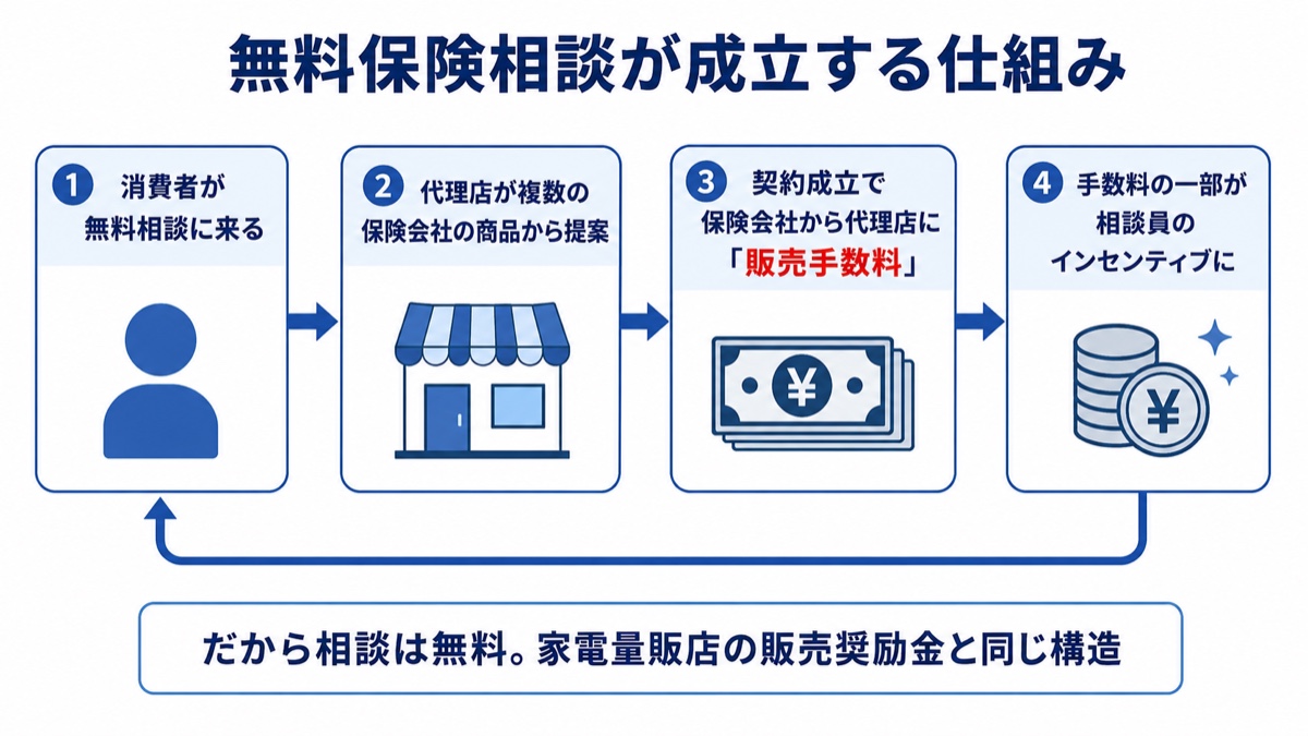 無料保険相談が成立する仕組みの図解。消費者の無料相談から販売手数料、相談員のインセンティブまでの4ステップの流れ