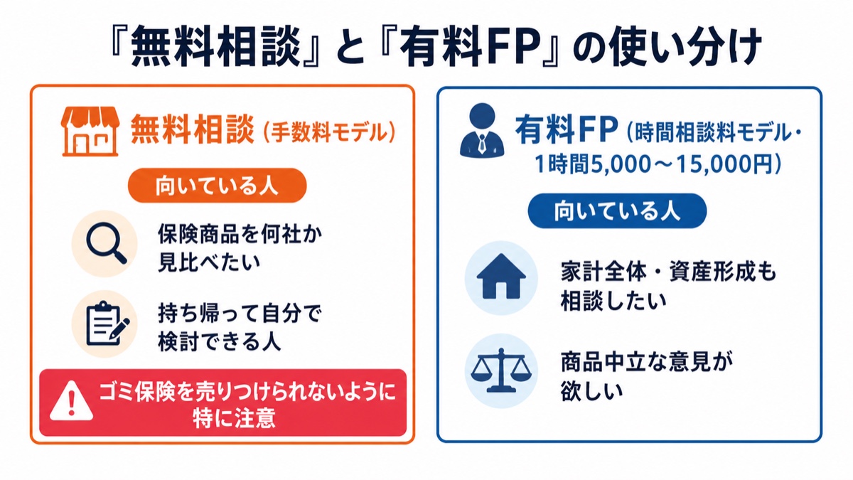 無料相談と有料FPの使い分け図解。無料相談は商品比較向きだがゴミ保険を売りつけられないように特に注意、有料FPは家計全体・中立な意見向き