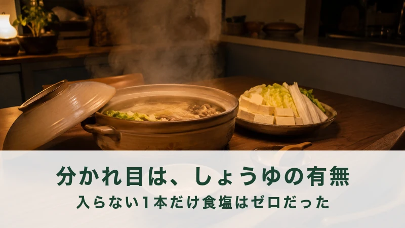 冬の夜の食卓に土鍋と取り皿が並び湯気が立っている台所