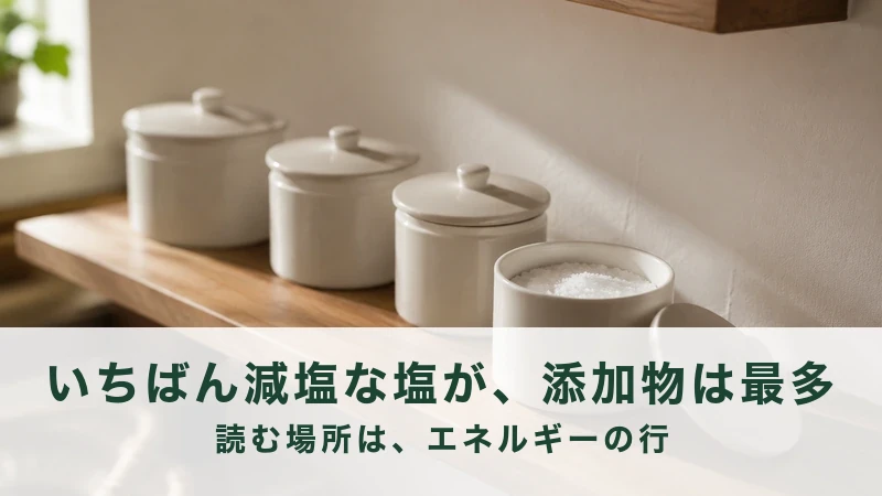 木の台に白い保存容器が並び、手前の器に塩が入っている台所