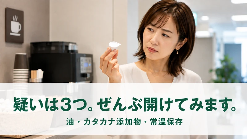 給湯コーナーでポーションを見つめる女性。疑いは油・添加物・常温保存の3つ