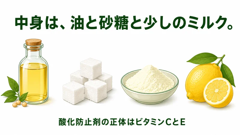 植物油・砂糖・脱脂粉乳・レモンの図鑑風イラスト。中身は油と砂糖と少しのミルク