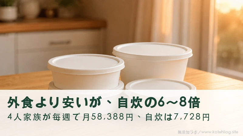 夕方の窓明かりに照らされた木目のテーブルに並ぶ白い惣菜容器