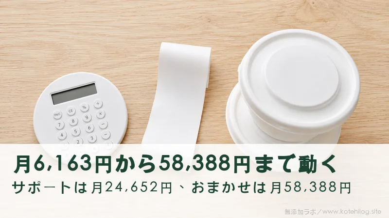 食卓に置かれた電卓とレシートと惣菜の容器
