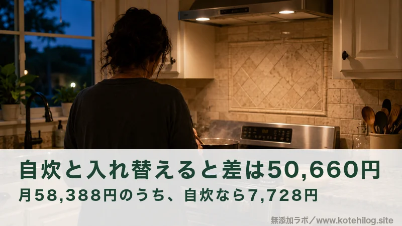 夕方の台所で鍋の前に立つ人の後ろ姿と、横に置かれた惣菜の容器