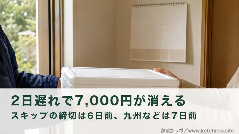 玄関先で保冷ボックスを受け取る手元と、壁に貼られたカレンダー