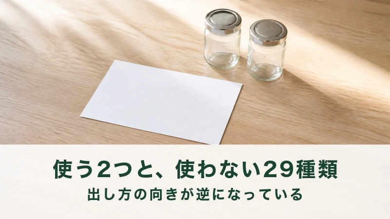 木の机にふた付きのガラス瓶が二本と白い紙が一枚
