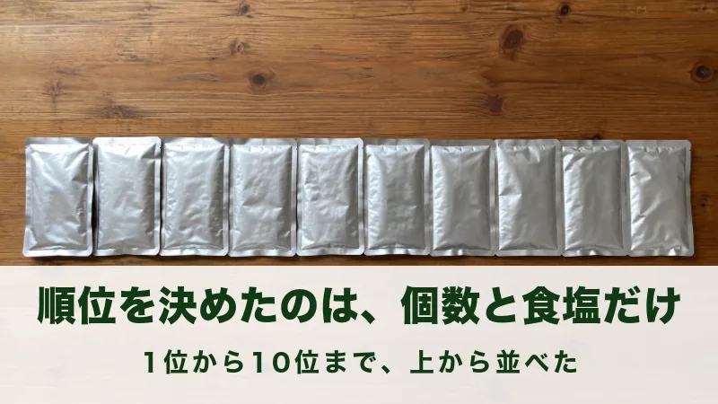 木のテーブルに銀色の袋が10袋横に並んでいる