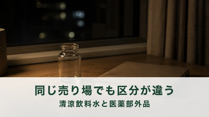 夜の窓辺の机に空の小さなガラス瓶と閉じたノートが置かれている