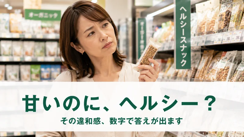 ヘルシースナック売場でシリアルバーを見つめる女性。甘いのにヘルシー?