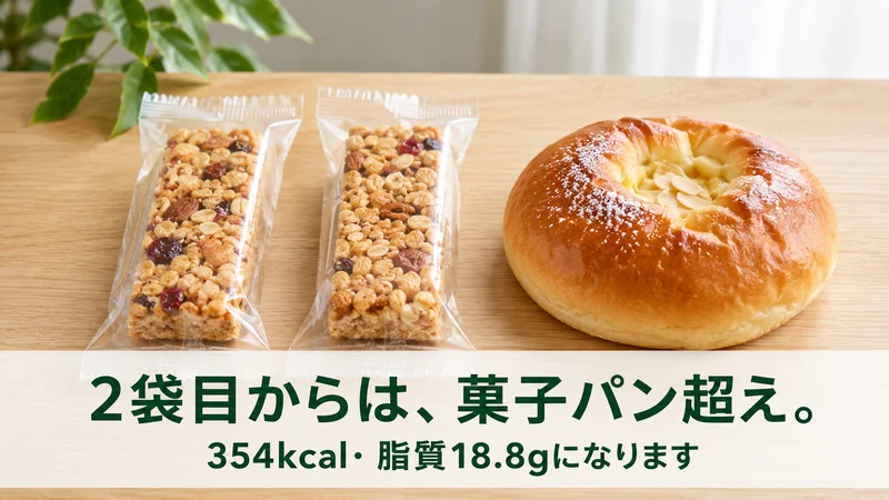 シリアルバー2袋と菓子パンの比較。2袋目からは菓子パン超え