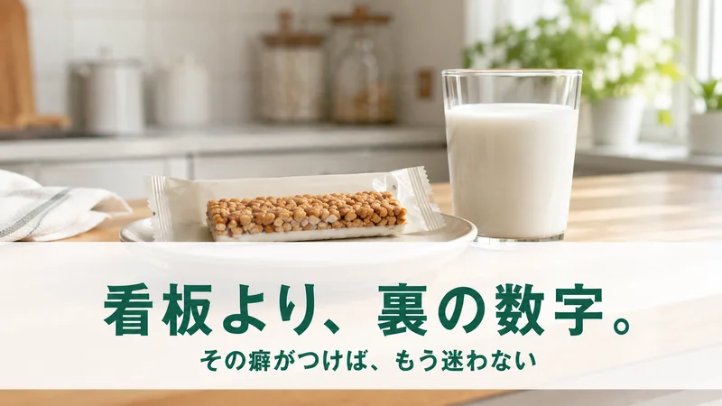 シリアルバーと牛乳。看板より裏の数字を見る癖をつける