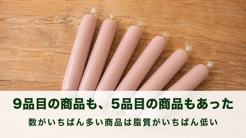 木のテーブルに並べたうすいピンク色の魚肉ソーセージ6本
