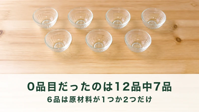 木の台に二列で置かれた7つの空のガラスの器