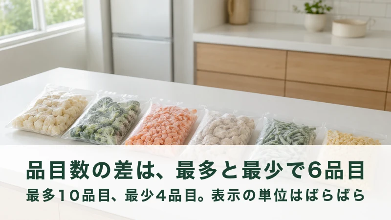 白い作業台に横一列で並べられた六つの無地の冷凍パック