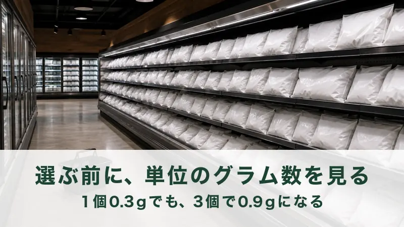冷凍食品の売り場に並ぶ白い袋と置かれた買い物かご