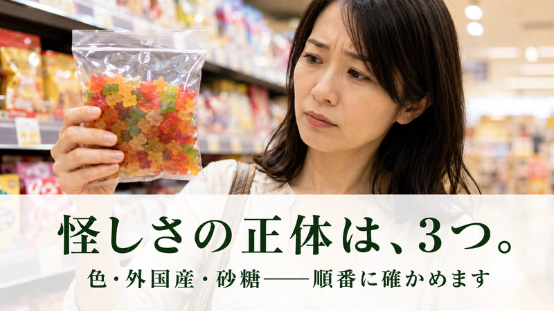 菓子売場でクマ型グミの袋を不安そうに見つめる女性。怪しさの正体は色・外国産・砂糖の3つ