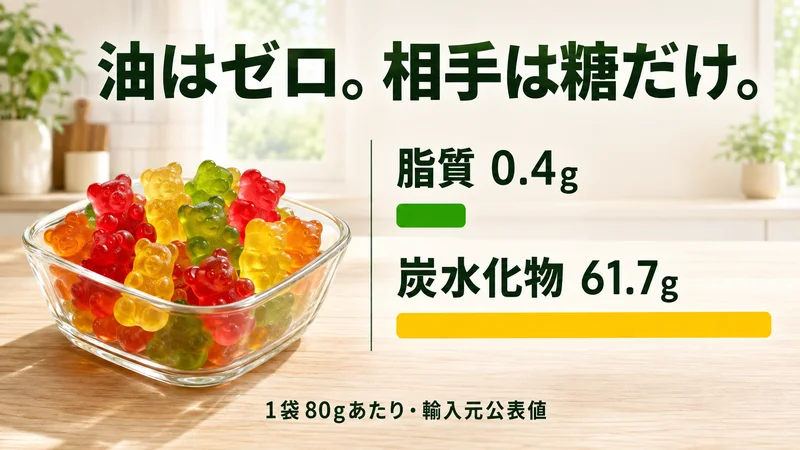 クマ型グミの栄養成分図解。脂質0.4gに対し炭水化瑡61.7gで相手は糖だけ