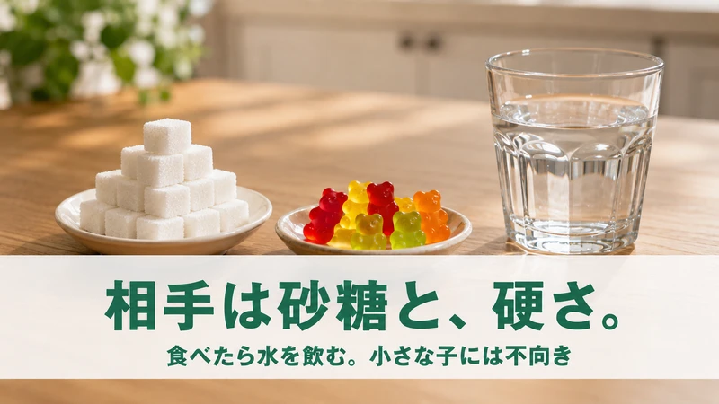 角砂糖の山とクマ型グミと水のグラス。相手は砂糖と硬さ