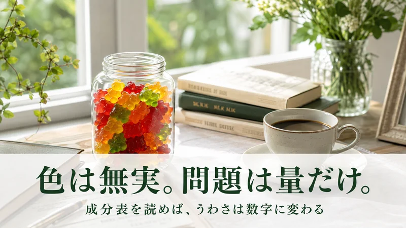 窓辺の瓶に入ったクマ型グミとコーヒー。色は無実で問題は量だけ