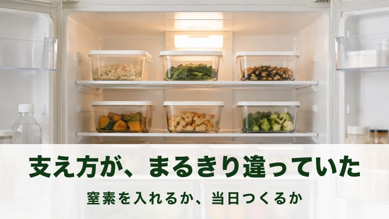 冷蔵庫の中の段にふた付きの保存容器が整然と並んでいる場面