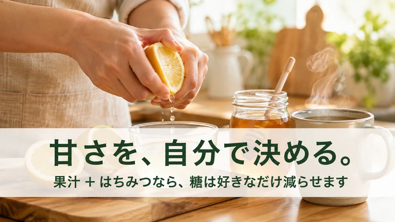 レモンを搮ってはちみつを入れる手元。甘さを自分で決められる