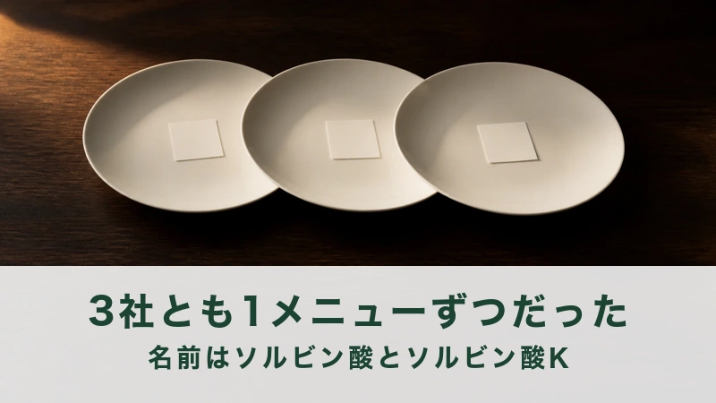 白い皿を三枚ずらして重ね紙片を一枚ずつ置く