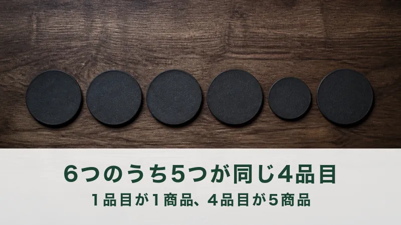 濃い木目の台に黒い円盤を六枚一列に置いた