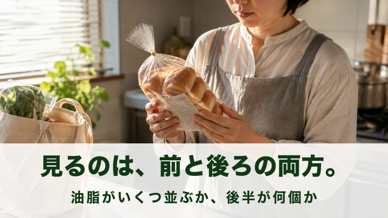 買い物袋から出したパンの袋の裏を見る手元の情景