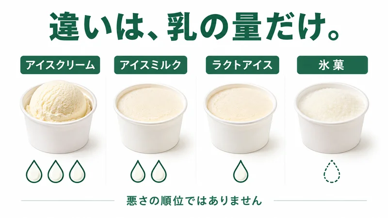アイスクリーム・アイスミルク・ラクトアイス・氷菓の4分類図。違いは乳の量だけで悪さの順位ではない