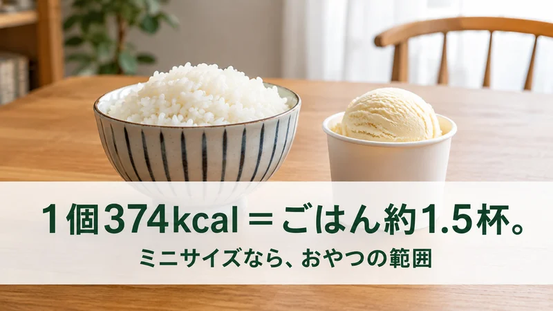 ごはん茶磗とカップアイス。1個374kcalはごはん約1.5杯分