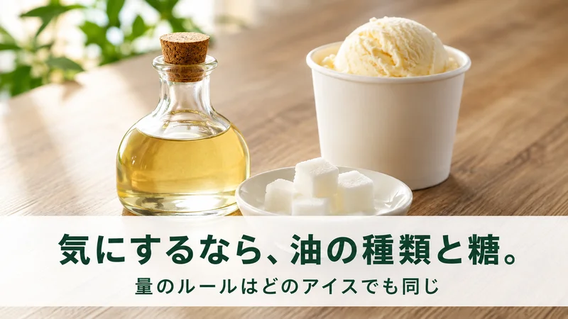 植物油の瓶と角砂糖とカップアイス。気にするなら油の種類と糖