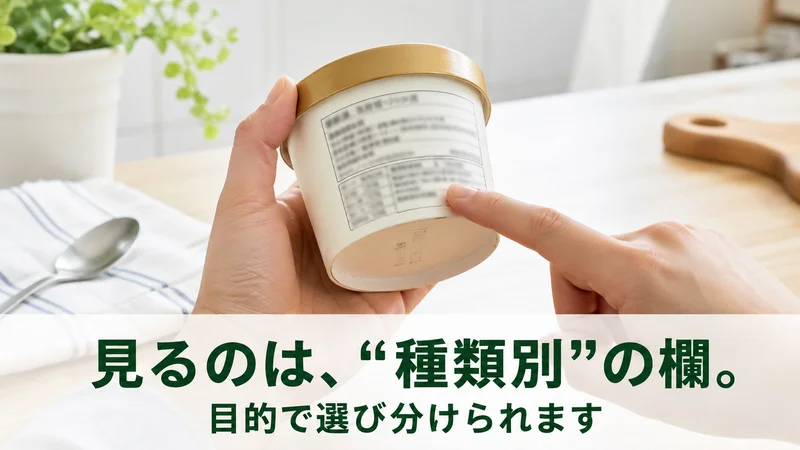 カップアイスの種類別表示欄を指で確かめる手元。見るのは種類別の欄