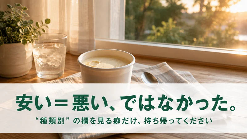 窓辺のカップアイスと水のグラス。安いイコール悪いではなかった