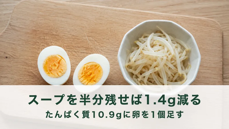 まな板にのせた半分に切ったゆで卵ともやしの小鉢