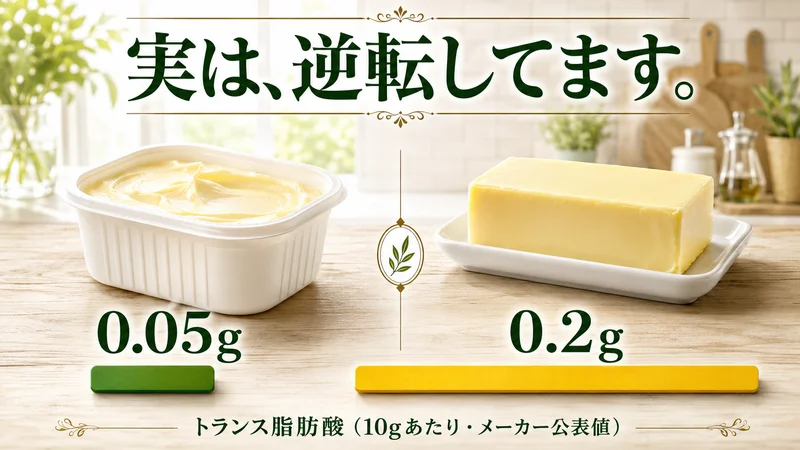マーガリン0.05gとバター0.2gの比較図。トランス脂肪酸は実はバターより少ない