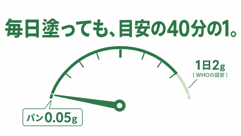 WHO目安の1日2gに対してパン1枚分は0.05gというメーター図解。毎日塗っても目安の40分の1