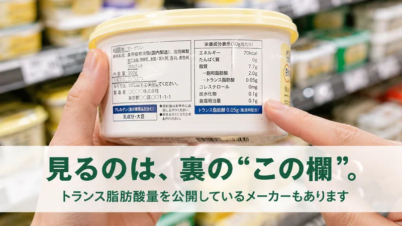 マーガリンのパッケージ裏の栄養成分表示を指で確かめる手元。見るのは裏のこの欄