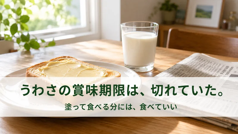 朝の食卓のマーガリントーストと牛乳。うわさの賞味期限は切れていた