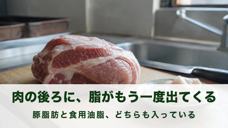 まな板の豚のかたまり肉と小皿に取り分けた白い脂身