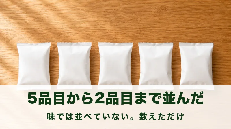 テーブルに無地の小さな袋が5つ横一列に並んでいる