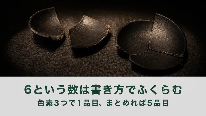 暗い布に黒い器の分かれた片が三つ置かれる