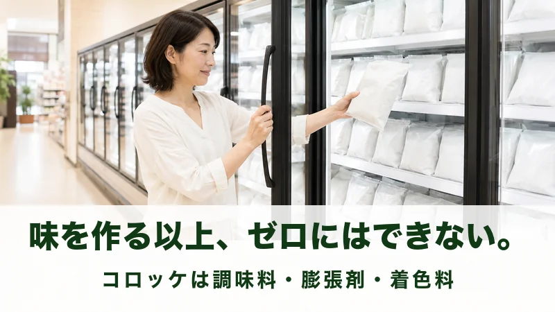 冷凍ケースの扉を開けて無地の袋を手に取る女性