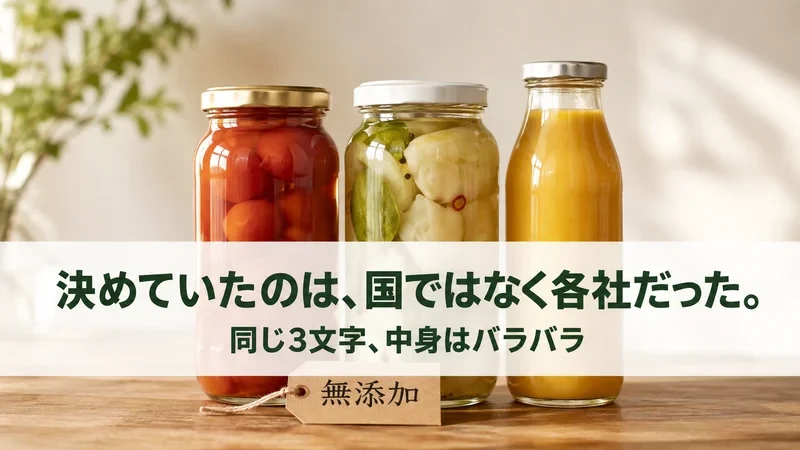 ラベルのない瓶詰め食品3つと「無添加」と書かれた紙のタグ