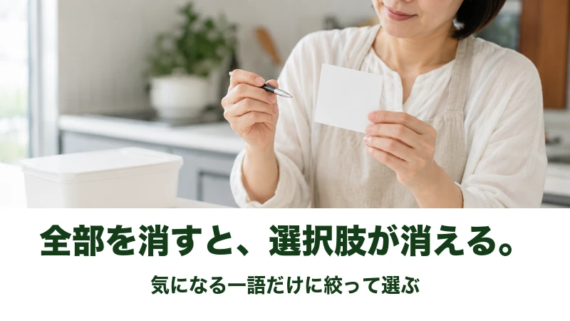 キッチンで白いふせん紙とペンを手にする女性の手元