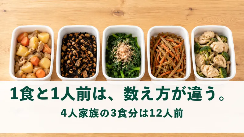 木のテーブルにおかず入りの保存容器が五つ並ぶ